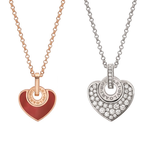 BULGARI festeggia il San Valentino con la proposta di due pendenti con su un cuore in oro bianco e pavè di diamanti o oro rosa e corniola.