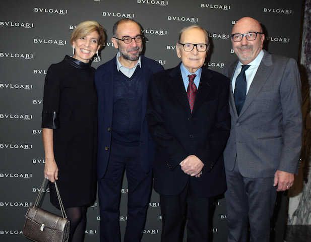 Carla Lioni, Vice President Global Marketing and Communication Bulgari Group, director Giuseppe Tornatore, composer Ennio Morricone and Lorenzo Soria, President of the Hollywood Foreign Press Association attend the Golden Globes Ceremony Honoring Ennio Morricone hosted by BVLGARI at Bulgari DOMVS on January 30, 2016 in Rome, Italy.  (Photo by Elisabetta Villa/Getty Images for BVLGARI)
