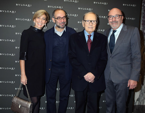 Carla Lioni, Vice President Global Marketing and Communication Bulgari Group, director Giuseppe Tornatore, composer Ennio Morricone and Lorenzo Soria, President of the Hollywood Foreign Press Association attend the Golden Globes Ceremony Honoring Ennio Morricone hosted by BVLGARI at Bulgari DOMVS on January 30, 2016 in Rome, Italy.  (Photo by Elisabetta Villa/Getty Images for BVLGARI)