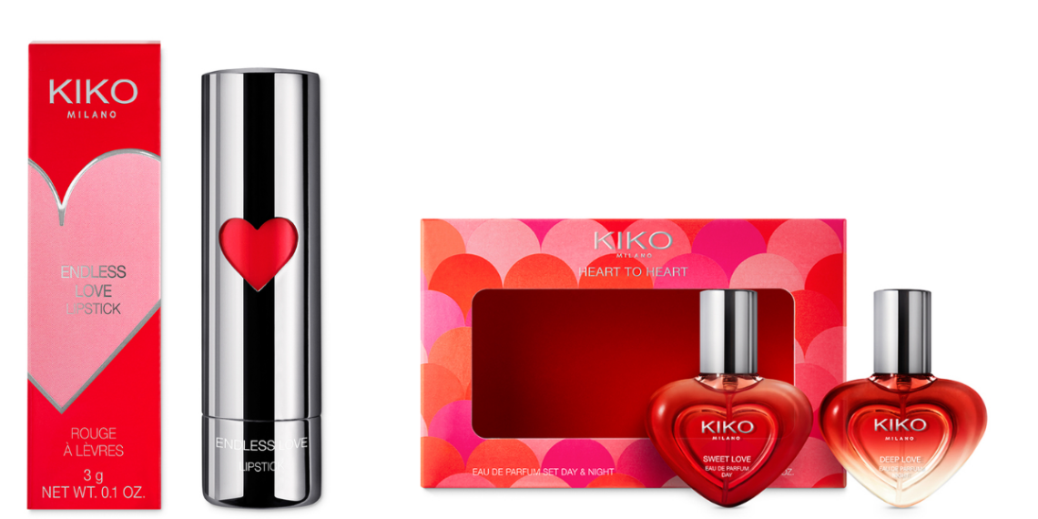 Da Kiko si respira aria di San Valentino: i nuovi rossetti Endless Love Lipstick sono proprio a forma di cuore ( Prezzo 5.90€), così come le due nuove fragranze Heart to Heart Eau de Parfum Set (14.90€).